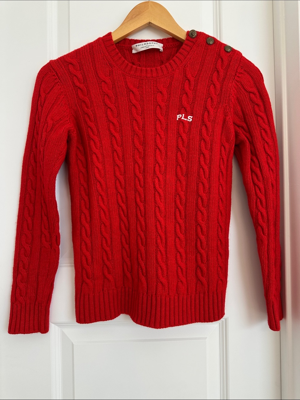Philosophy Bright Red Cable-Knit Crewneck Sweater with Shoulder Buttons